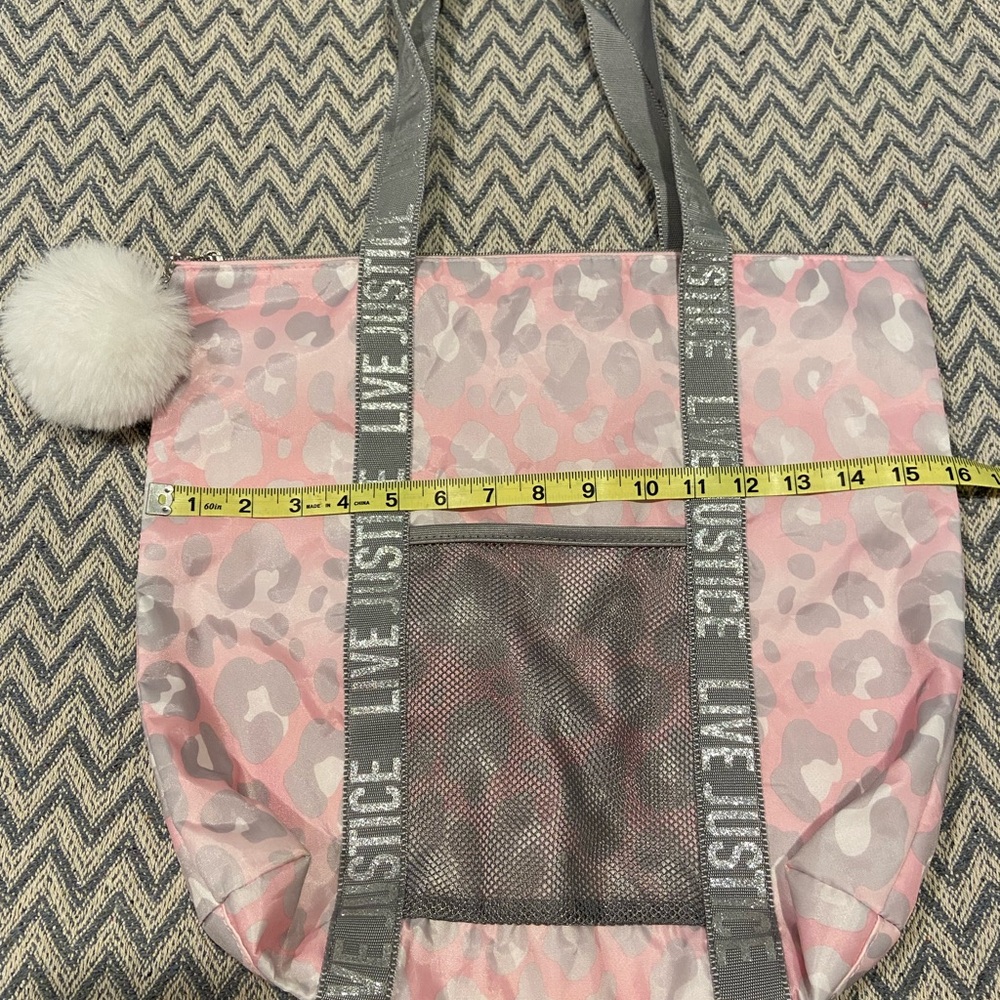 Justice Pink and Gray Leopard Tote with Pom Pom